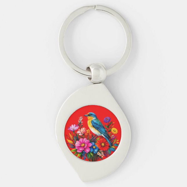 Bluebird Perched Among Colourful Spring Flowers Key Ring (Front)