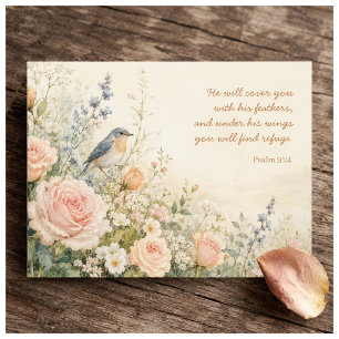 Bluebird & Roses Psalm 91:4 Scripture Postcard
