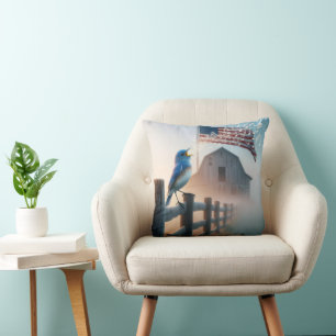 Bluebird Singing In Mist With American Flag Cushion