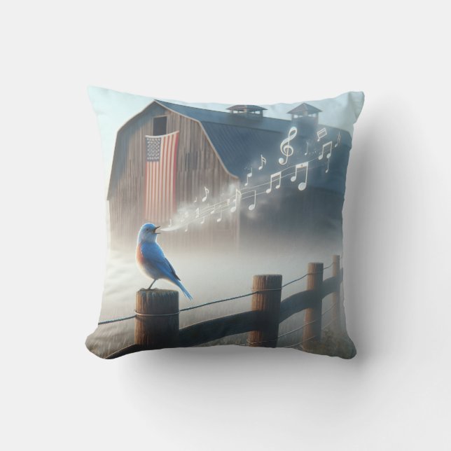 Bluebird Singing In Morning Mist Cushion (Front)