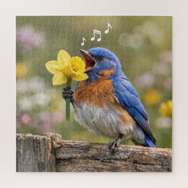 Bluebird Singing Into a Yellow Daffodil Jigsaw Puzzle (Vertical)