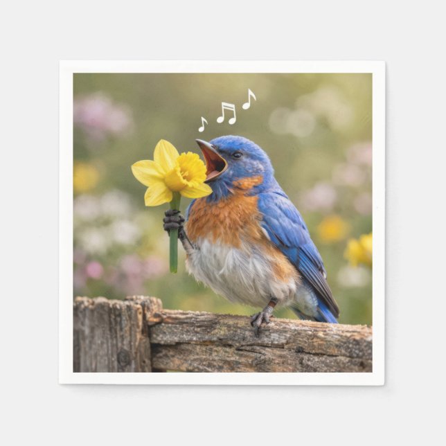 Bluebird Singing Into a Yellow Daffodil Napkin (Front)
