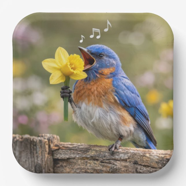 Bluebird Singing Into a Yellow Daffodil Paper Plate (Front)