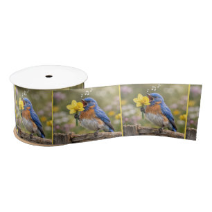 Bluebird Singing Into a Yellow Daffodil Satin Ribbon