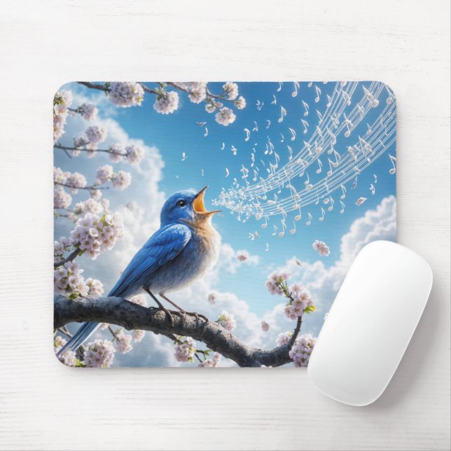 Bluebird Singing On a Cherry Tree Branch Mouse Pad (With Mouse)