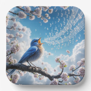 Bluebird Singing On a Cherry Tree Branch Paper Plate