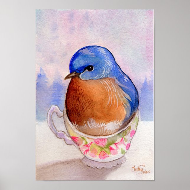 Bluebird Teacup Watercolor Poster (Front)