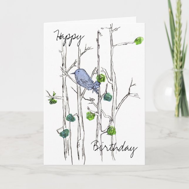 Bluebird Trees Pen and Ink Happy Birthday Card (Front)