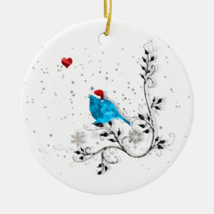 Bluebird Watching A Christmas Heart Ceramic Ornament