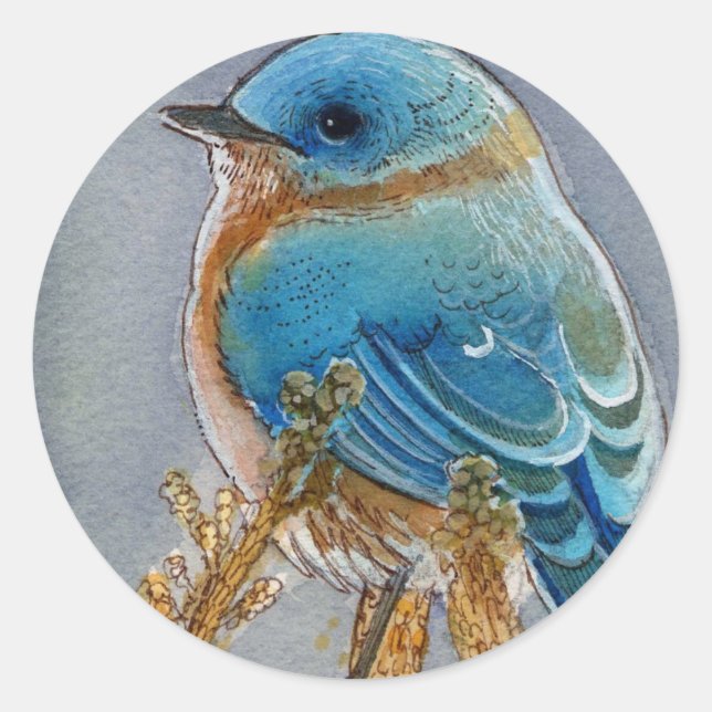 Bluebird Watercolor Classic Round Sticker (Front)