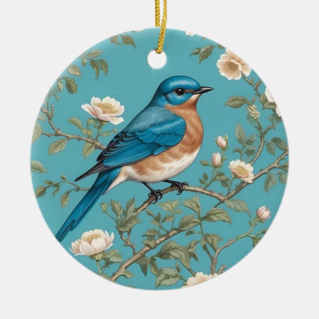Bluebird William Morris Inspired Turquois  Ceramic Ornament (Front)