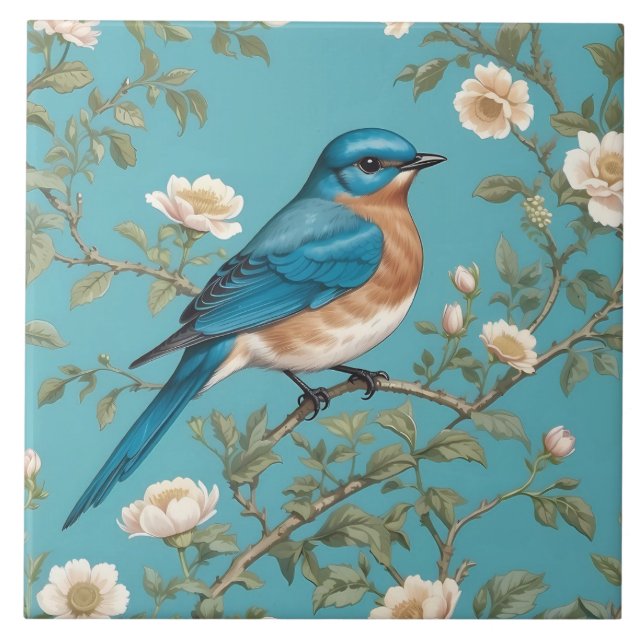 Bluebird William Morris Inspired Turquois  Ceramic Tile (Front)