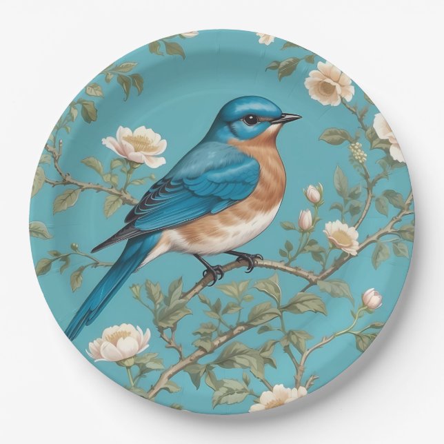 Bluebird William Morris Inspired Turquois  Paper Plate (Front)