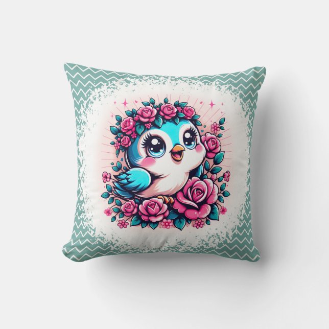 Bluebird with Flowers Cushion (Front)