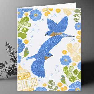 Bluebirds and Flowers Drawing Blank Card