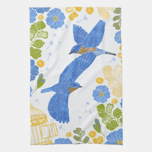 Bluebirds and flowers tea towel