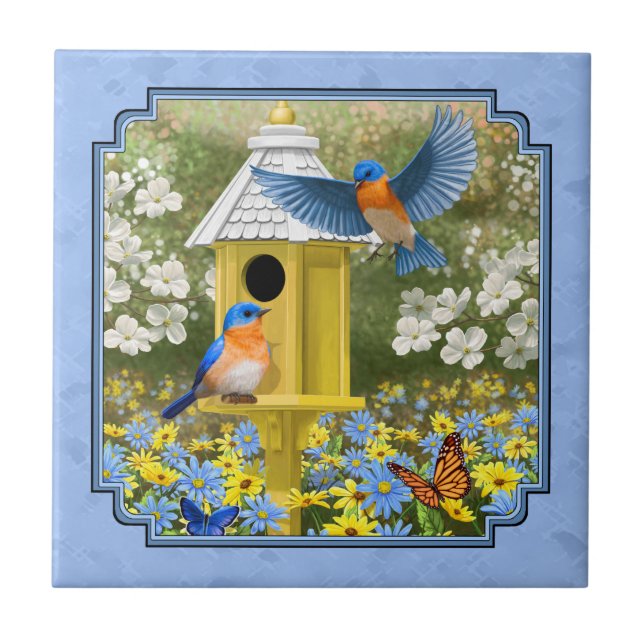 Bluebirds and Hexagon Birdhouse Blue Ceramic Tile (Front)