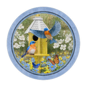 Bluebirds and Hexagon Birdhouse Blue Cutting Board