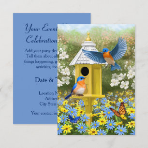 Bluebirds and Hexagon Birdhouse Blue Invitation