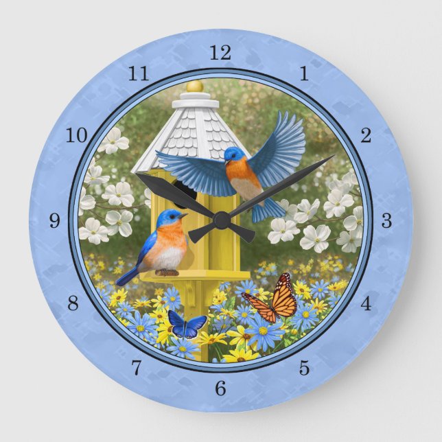 Bluebirds and Hexagon Birdhouse Blue Large Clock (Front)