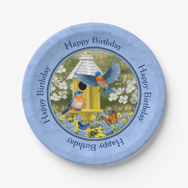 Bluebirds and Hexagon Birdhouse Blue Paper Plate (Front)