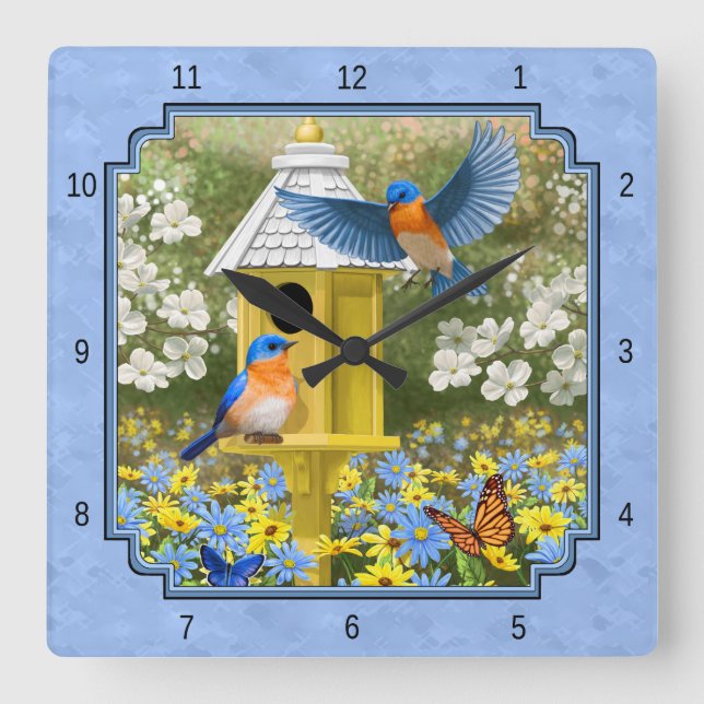 Bluebirds and Hexagon Birdhouse Blue Square Wall Clock (Front)