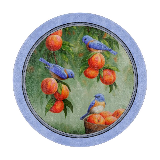 Bluebirds and Peaches Blue Cutting Board (Front)