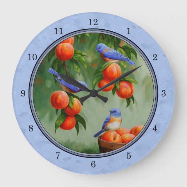 Bluebirds and Peaches Blue Large Clock (Front)