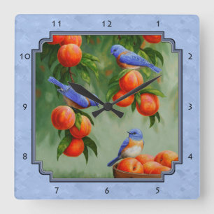 Bluebirds and Peaches Blue Square Wall Clock