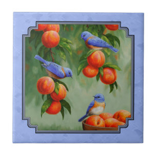 Bluebirds and Peaches Blue Tile