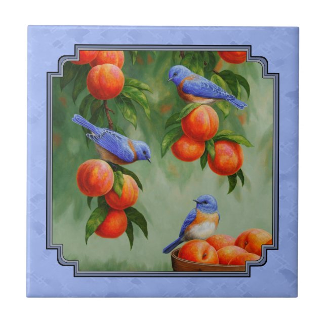 Bluebirds and Peaches Blue Tile (Front)