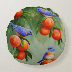 Bluebirds and Peaches Round Cushion