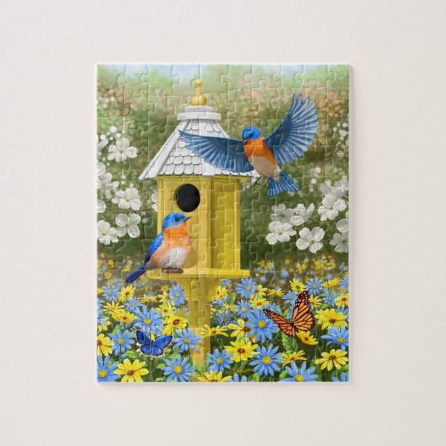 Bluebirds and Round Birdhouse Jigsaw Puzzle (Vertical)