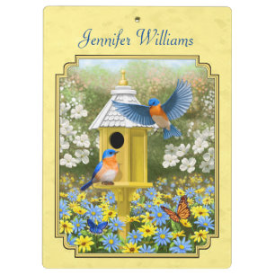 Bluebirds and Round Birdhouse Yellow Clipboard