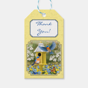 Bluebirds and Round Birdhouse Yellow Gift Tags
