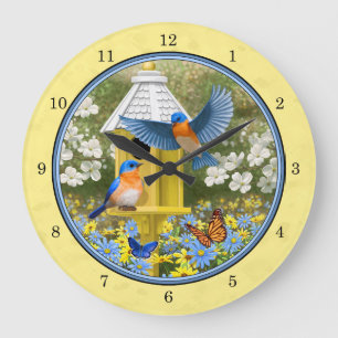 Bluebirds and Round Birdhouse Yellow Large Clock