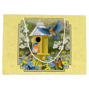 Bluebirds and Round Birdhouse Yellow Large Gift Bag