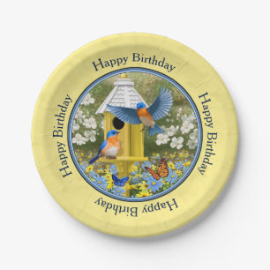 Bluebirds and Round Birdhouse Yellow Paper Plate