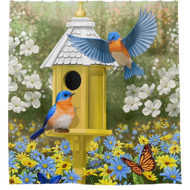 Bluebirds and Round Birdhouse Yellow Shower Curtain (Front)