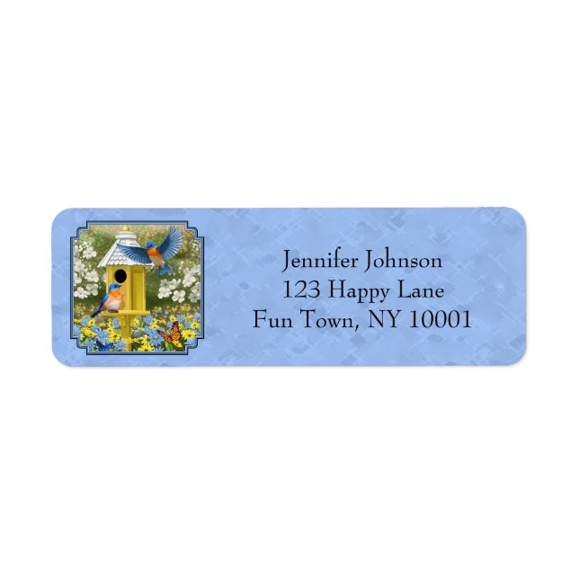 Bluebirds and Tall Yellow Birdhouse Blue Return Address Label (Front)