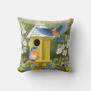 Bluebirds and Tall Yellow Birdhouse Cushion