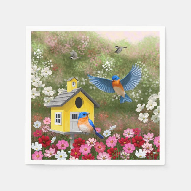 Bluebirds and Yellow School Birdhouse Napkin (Front)