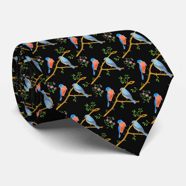 Bluebirds Black Neck Tie (Rolled)