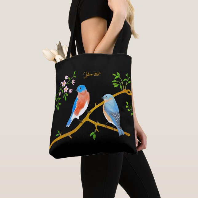 Bluebirds Black Tote Bag (Close Up)