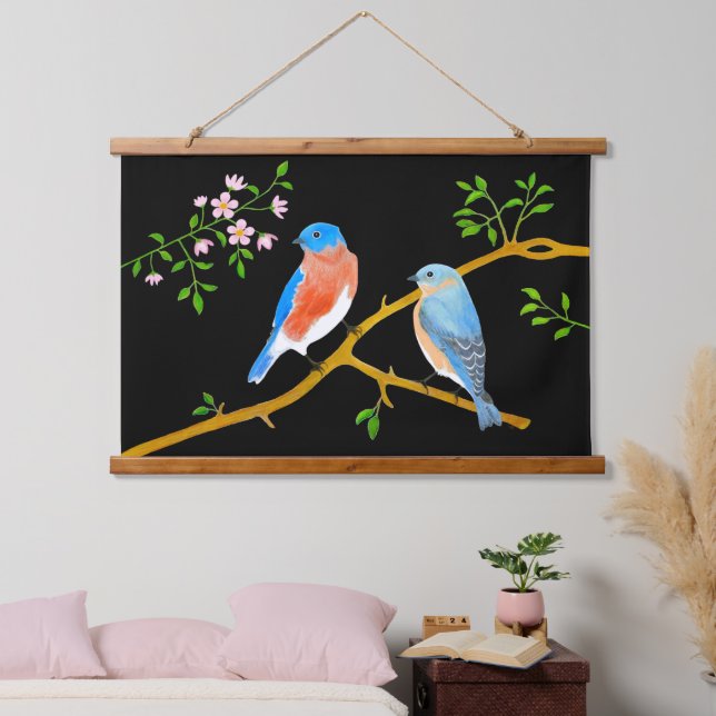 Bluebirds Black Wood Topped Wall Tapestries (Bedroom)
