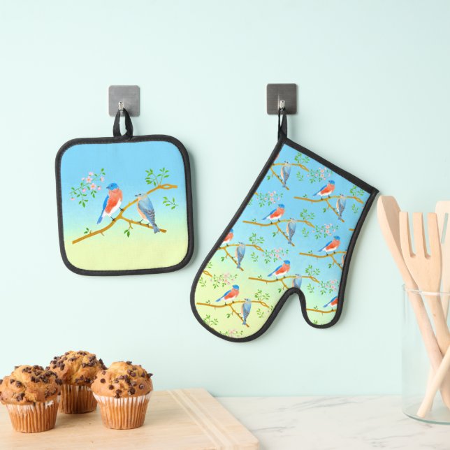 Bluebirds Blue & Yellow Oven Mitt & Pot Holder Set (Insitu(Hanging))