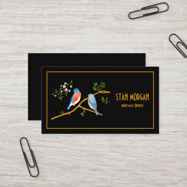 Bluebirds Business Cards Black (Front/Back In Situ)