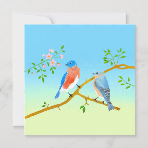 Bluebirds Flat Valentine's Card Pale Blue & Green