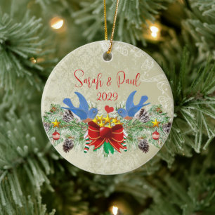 Bluebirds Garland Pinecones Christmas & Photo Ceramic Tree Decoration