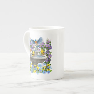 Bluebirds Goldfinches and Fountain Birdbath Bone China Mug